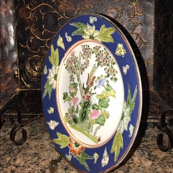 Vintage Oriental Porcelain Enamel Plate Blue Macau Qing Tungzhi mid century, - Picture 7 of 17